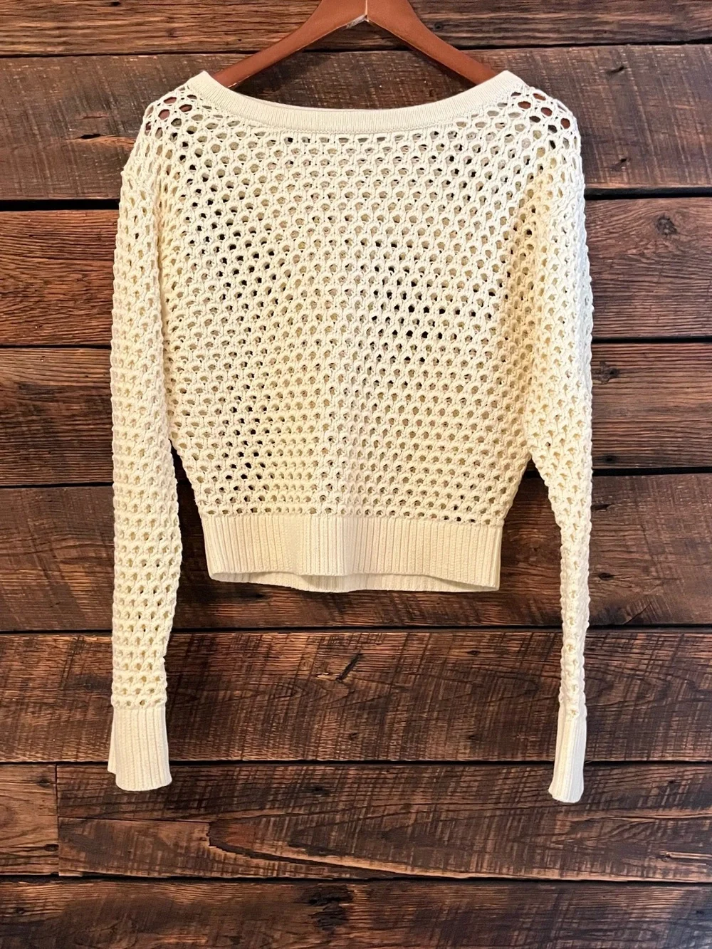 J Crew Pointelle Knit open knit boatneck sweater cotton cream medium
